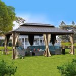 Kozyard Alexander Hardtop Aluminum Permanent Gazebo with Mosquito Net and Privacy Sidewalls (12' X 20' Brown)