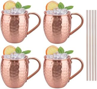 TJ Moscow Mule Mugs Set of 4, 100% Pure Copper Cups 17 oz, Handcrafted Copper Mugs w/Straws, Tarnish Resistant, Gift for Cold Drinks Cocktail Beer Wine Party Bar