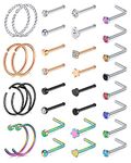 AceFun Nose Studs L Shaped 20G Nose Rings Nose Bar Piercing Stainless Steel Artificial CZ Nose Bone Nose Screw Nose Piercing Jewelry Silver/Rose Gold/Gold/Black/Rainbow