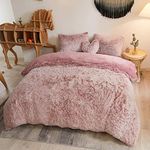 MEGO Luxury Shaggy Faux Fur Duvet Cover Set, Soft 3 Pieces Fluffy Comforter Cover Set, Fuzzy Bedding Set for Women Girl(1 Plush Furry Duvet Cover + 2 Pillow Shams), Zipper Closure(Queen, Pink Ombre)