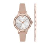 Emporio Armani Leather Analog Silver Dial Women Watch-Ar80069Set, Pink Band