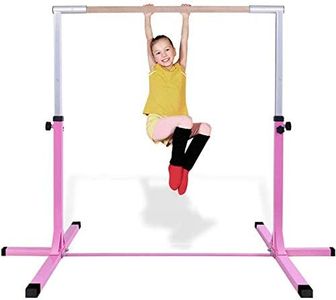 GYMAX Kids Adjustable Gymnastics Horizontal Bar, Children Sport Training Bar with Durable Beech Wood Bar and Steel Pole, Junior Kip High Bar for Home Garden (Pink)