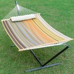 GAFETE Waterproof Double Hammock with Stand for Outside Heavy Duty, 2 Person 55'' Extra Large Quick Dry Textilene Hammocks with Hardwood Spreader Bar, Detachable Pillow, 475lbs Capacity (Coffee)