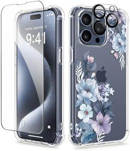 GVIEWIN for iPhone 15 Pro Case Floral, with Screen Protector+Camera Lens Protector, [Not Yellowing] Slim Shockproof Clear Protective Phone Cover for Women, Flower Pattern Design (Delphinium/Blue)