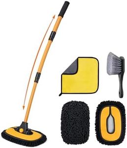 AstroAI 15°Curved Car Wash Brush with 43" Long Handle and 90° Rotating Replaceable Brush Head, Car Wash Kit with Microfiber Towel and Tire Brush for Car, SUV, RV, Floor Cleaning, Yellow