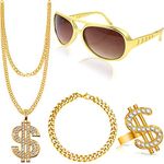 Alviller 4Pcs Hip Hop Costume Set, Hippy Accessories with Disco Dollar Sign Necklace Ring Retro Sunglasses Golden Bracelet Fancy Dress for Rapper Women Men Party Supplies