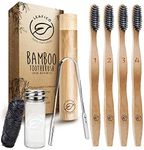 LEAFICO Bamboo Toothbrush with Travel Case - Dental Floss - Tongue Scraper - Premium Eco-Friendly Toothbrushes - Charcoal Infused Soft Bristles for Natural Whitening - BPA Free - Vegan Zero Waste Gift