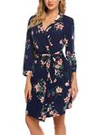 Ekouaer Women Robes Short Knit Bathrobe Dressing Gown Ladies Loungewear V-Neck Lightweight Soft Kimono with Pockets Navy Floral M