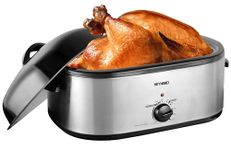 18 Quart Roaster Oven with Self-Basting Lid, Large Turkey Defrost & Warm Function, Adjustable Temperature, Electric Removable Pan Rack, Stainless Steel, Silver