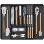 Lifewit Cutlery Drawer Organiser for Kitchen, Expandable Cutlery Tray for Spoons Forks Knives, Adjustable Utensil and Silverware Holder, Plastic Flatware Storage Insert, Large, Black