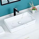 Davivy 23.6'' x 13.4'' Nordic Marbling White Rectangle Vessel Sink with Pop Up Drain,Bathroom Vessel Sinks,Bathroom Sinks Above Counter,Counter Top Sink,White Ceramic Vessel Sinks for Bathroom