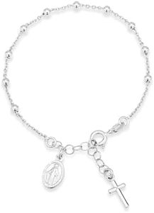 Miabella 925 Sterling Silver Italian Rosary Cross Bead Charm Link Chain Bracelet for Women, Adjustable, Made in Italy (Length 6 to 7 Inch)