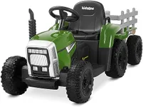 Kidzone 12V7AH Premium Version w/EVA Treaded Tires Dual 35W Motors Boost Power Torque Remote Control Electric Tractor w/Trailer Toddler Ride On Toy 3-Gear-Shift, 7-LED Lights Bluetooth, Dark Green