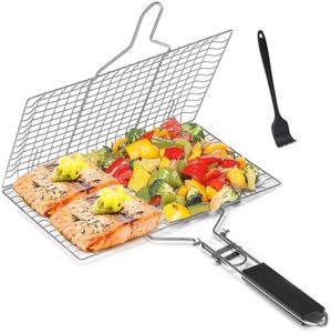 iDopick Grill Basket,BBQ Grilling Basket, 304 Stainless Steel Folding Fish Grilling Baskets with Removable Handle, Portable Outdoor Camping BBQ Rack for Fish, Shrimp, Vegetables, Barbeque Griller
