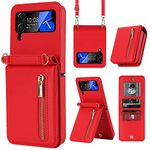 ZHOZEXIN Compatible with Samsung Galaxy Z Flip 3 Stand Stylish Flip Protective Leather Case,wallet case with zip,Card Slot,cash compartment, phone case with Cord for Galaxy Z Flip 3 (Red)