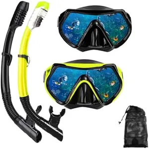 Snorkel mask Snorkeling Set for Adults and Youth, Diving mask and Full Dry Snorkel Swim Googles is Suitable for Snorkeling, Dive Scuba Diving, Swimming (6115Black+Yellow（2 Set）)