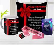 ME & YOU Microfiber Birthday Gift For Wife, Happy Birthday My Love Printed Cushion And Coffee Mug, Greeting Card And Sash (Size 12 * 12 Inch)