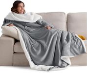 Bedsure Wearable Blanket with Sleeves and Pocket - Warm Throw Blanket with Arms TV Wrap Blanket Robe as Gifts for Women Men, Grey