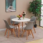 YULU Round Dining Table and Chairs Set 4, Mid Century Modern PU Padded Seat Lounge Chairs and 90cm White Kitchen Table with Solid Wood Legs (Grey)