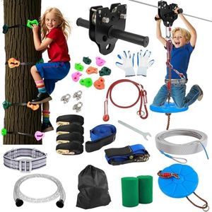 FAHKNS Zip Line Kit for Kids Adults: 120FT Up to 400 lbs - Updated Removable Design Trolley,Thickened Seat,Safety Harness,Quick Tighten Zipline Kits for Outdoor Backyard
