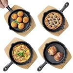 Navaris Cast Iron Skillet With Wooden Base (Set of 4) - Cast Iron Frying Pan Small Skillet With Protective Wood Base - Heavy Duty Metal Skillet Pans - 6" (15cm)