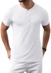PEGENO Mens Henley Shirts Short Sleeve Mens Summer Shirts Button T-Shirt White Large