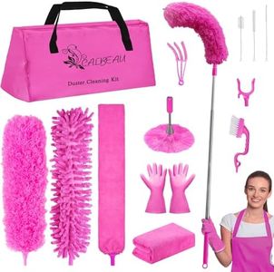 CALBEAU 15PCS Microfiber Feather Duster Set Bendable & Washable with 100-inch Extension Pole Dusters for Cleaning High Ceiling Fan, Blinds, Cars, Furniture, Cleaning Tools Kit Gift for Women -Pink