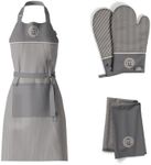 MasterChef Chef Apron for Men & Women, Cooking Apron for the Kitchen & BBQ Grilling in a 5pc Gift Set with Oven Mitts & Tea Towels, Premium Quality Cotton, Perfect Chef Gift, Earth Grey