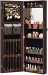 SONGMICS Jewelry Cabinet Armoire with Mirror, Wall or Door Mount Storage Organizer with Full-Length Frameless Mirror, Lockable Cabinet with Built-in Small Mirror, Shelves, Gift Idea, Brown UJJC003K01