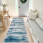 KOZYFLY Modern Abstract Hallway Runner Rug, 2x5 Washable Rug Runner Non-Slip Soft Striped Kitchen Runner Rugs, Print Distressed Teal Blue Carpet Runner for Entryway Bathroom Laundry Room Foyer