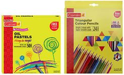 Camel Oil Pastel (50 Shades) & Camlin Triangular Colour Pencil Set with Sharpener - Pack of 24 (Multicolour)