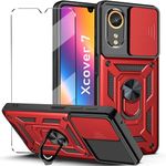 2-in-1 Case for Samsung Galaxy Xcover 7 Tempered Glass Case with Slide Camera Protection Cover Screen Protector Phone Case Heavy Duty Military Grade Protective Cover phone holder Case,Red