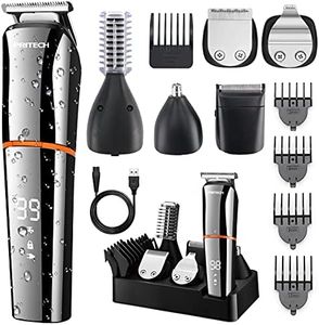 PRITECH Beard Trimmer,6 in 1 Kit Electric Hair Clipper,Cordless Nose Trimmer Mens Grooming Trimmer for Beard Head Face and Body Waterproof IPX6 USB Rechargeable LED Power Display