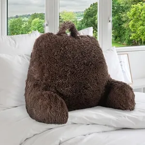 Cheer Collection Fluffy Reading Pillow Chair - Shaggy Hair Chair Pillow with Arms for Bed & Couch, Chocolate