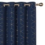 Deconovo Thermal Insulated Curtains, Blackout Curtains, Gold Diamond Printed Energy Saving Curtains, Eyelet Curtains for Blackout, 66 x 90 Inch(Width x Length), Navy Blue, One Pair