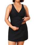 Daci Women Plus Size Tummy Control Tankini with Skirt Two Piece Bathing Suits V Neck Swimsuits, Black, 20 Plus