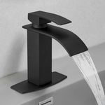 Hoimpro Black Waterfall Spout Bathroom Faucet,Single Handle Bathroom Vanity Sink Faucet, Rv Lavatory Vessel Faucet Basin Mixer Tap with Deck Plate, Lead Free Solid Brass/Matte Black (One or 3 Hole)