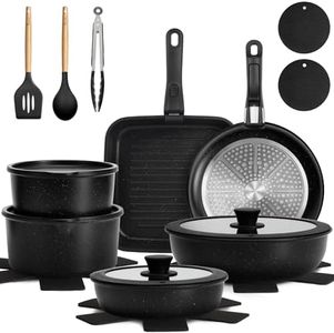 KIKCOIN 22 Pcs Pots and Pans Set Non Stick, Detachable Handle Cookware Sets Nonstick, Non Toxic Induction RV Kitchen Cooking Set with Removable Handles, Dishwasher/Oven Safe (Black)