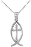925 Sterling Silver Jesus Cross Charm Ichthus Christian Fish Pendant Necklace, 20"