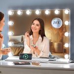 LUXFURNI Vanity Mirror with Lights, Makeup Mirrors Hollywood Mirror with 15 LED Bulbs, 3 Colors Modes & Adjustable Brightness, 10x Magnification, USB Charging
