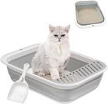 Misyue Collapsible Kitten Litter Box,Open Cat Potty Pan with Scoop Foldable Shallow Cat Toilet Anti-Splashing Waterproof Low Entrance Travel Litter Box with Falling Sand Pedal to Senior Cats(Grey) (L)