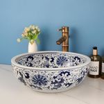 KECTIAKL Round Bathroom Vessel Sink Bowl,Blue and White Porcelain Ceramic Vessel Sink,Above Counter Art Sink Basin with Bamboo Shape Faucet and Pop-Up Drain Combo