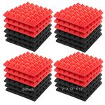 JBER Acoustic Sound Foam Panels, 24 Pack 2" X 12" X 12" Red and Black Soundproofing Treatment Studio Wall Padding Sound Absorbing Fireproof Pyramid Acoustic Treatment