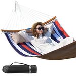 Double Hammock, 11 FT Quilted Fabric 2 Person Hammock for Outside with Pillow, Folding Curved Spreader Bar, Chains, Carrying Bag, Indoor Outdoor, 450 IB Capacity, Trinidad Red