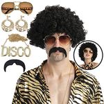 Spooktacular Creations Women/Men Afro Wig Disco Hippie Costume Accessories Set with Black Funky Afro Wig, Necklace, Glasses, Earrings and Mustache for 50/60/70s Party, Black, 8 Piece Set