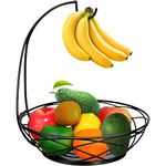 PT COVER Fruit Bowl with Banana Hanger - Fruit Basket for Kitchen Counter with Holder - Black Chrome