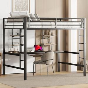 KOMHTOM Lit Surélevé avec Bureau et étagères de Rangement, Lit Mezzanine Cadre de lit en métal, Support à Lattes, pour Enfants, Adolescents(sans Matelas) (140x200cm)