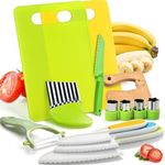 Kids Safe Knife Set, 13 Pcs Toddler Kitchen Friendly Knives for Real Cooking Montessori Kid Proof Kitchen Tools, Toddlers Safe Plastic Knives Crinkle Sandwich Cutter Y Peeler Cutting Board