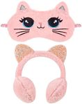 Heyu-Lotus Cat Girls Ear Muffs and Sleep Mask Set, Sequin Winter Warm Kids Fluffy Ear Muffs Pink Ear Warmers Earmuffs, Gift for Women Kids Girls
