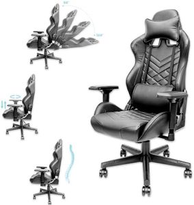 Gaming Chair - Adjustable Video Game Chairs with PU Leather, Computer Chair with Lumbar Support & 180° Recline, Easy to Assemble & Comfortable Ergonomic Office Chair (Black)